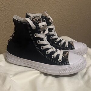Converse Black High-Tops with Leopard Accent